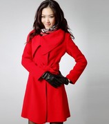 红色毛呢外套冬装羊毛，大衣女中长款婚礼宴会修身翻领呢大衣