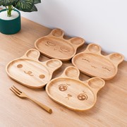 日式儿童餐盘榉木，辅食盘卡通兔兔面包盘木质分隔餐盘，零食点心托盘