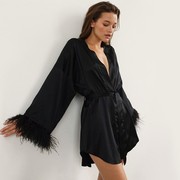 2022春夏睡袍鸵鸟羽毛，长袖睡衣开衫欧美仿真丝黑色浴袍女士家居服