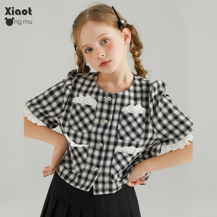小童木 经典格纹女童短袖衬衫夏季时髦洋气女大童黑白格衬衣