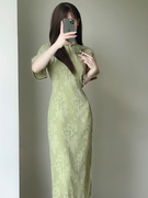 清新绿色雪纺剪花旗袍，2023年夏季复古倒大袖年轻款少女连衣裙