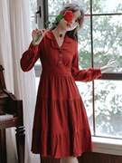 女装2023早秋季法式可爱风酒红色长袖连衣裙时尚显瘦订婚裙子单件