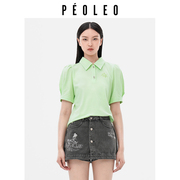 飘蕾2024夏季polo领口泡泡，袖绿色上衣女休闲甜美衬衫女peoleo