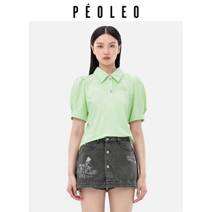 飘蕾2024夏季POLO领口泡泡袖绿色上衣女休闲甜美衬衫女peoleo