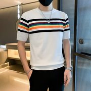夏季男薄针织衫冰丝短袖T恤韩版修身彩虹条纹撞色圆领半袖体恤男