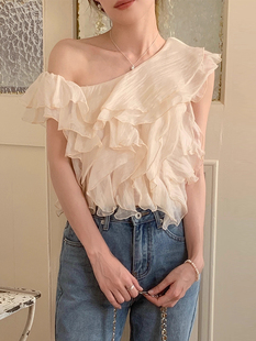 韩国chic夏季小众设计感斜领露肩拼接不规则荷叶边短款褶皱衬衫女
