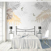 北欧简约风棕榈叶植物电视背景墙纸沙发卧室小清新壁纸定制壁画