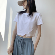 纯色圆领高腰短袖t恤女短款夏季修身韩版露脐，开叉上衣小个子棉质