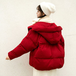 冬季款小个子连帽红色棉服女韩版学生保暖短款外套面包服棉袄棉衣