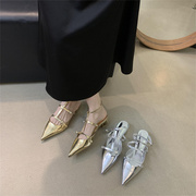 法式小香风银色尖头粗跟单鞋，女2024年春季浅口后空低跟金色凉鞋子