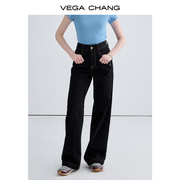 vegachang黑色牛仔裤女2024年春季中高腰明线，直筒阔腿裤子