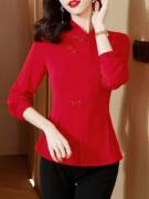 中国风立领衬衫女春秋季唐装中式红色上衣高级感修身显瘦盘扣衬衣