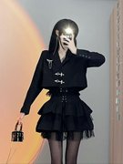 韩版暗黑系小众设计感短款西装上衣拼接网纱高腰蓬蓬裙套装女