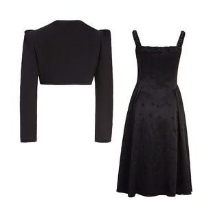 套装女2023春秋时尚，气质显瘦黑色外套吊带裙，高级感秋冬两件套