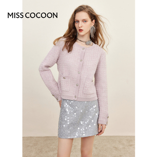MISSCOCOON紫色圆领针织开衫上衣女2024春季时尚宽松毛衫冬装