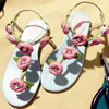女夏欧美夹趾凉鞋粉色真皮水钻公主沙滩鞋交叉平跟玫瑰花朵罗马鞋