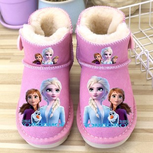 儿童雪地靴女童鞋真皮短靴子，2023冬季卡通爱莎公主，鞋韩版棉靴防滑