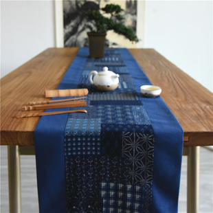 蓝色桌旗补丁茶席复古典中式禅意棉麻亚麻茶旗茶垫茶几长条桌布艺