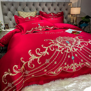 高档欧式全棉婚庆四件套高档奢华刺绣被套大红色，床单纯棉结婚床上