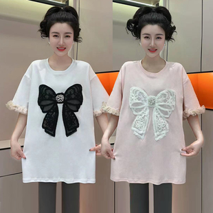 韩版圆领网纱珍珠蝴蝶结t恤女短袖024夏季宽松花边袖口设计感上衣