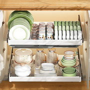 厨房碗碟拉篮橱柜抽屉式双层沥水收纳架多功能，内置分层置物架