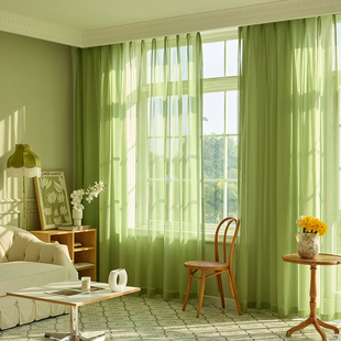 绿色纱帘清新浪漫客厅飘窗窗帘透光不透人纱帘卧室免打孔绿色窗帘
