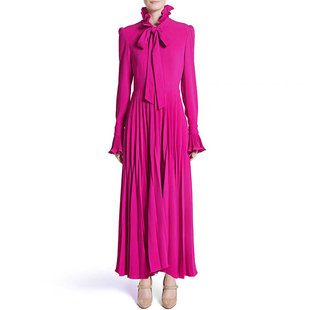 高端欧美裙子玫红色气质连衣裙女长袖紫色百褶裙显瘦礼服长裙秋冬