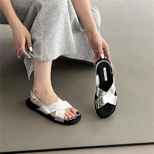 银色软平底凉鞋女2023年夏季韩版法式仙女休闲沙滩度假罗马鞋