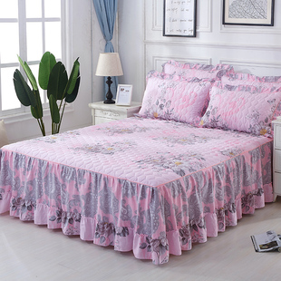 纯棉夹棉床裙式床罩单件，加厚床套保护防滑荷叶，边花边床单1.8m米床