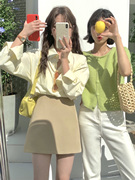 自制奶油黄长袖衬衫女夏宽松日系学生设计感高级防晒衫鹅黄色衬衣