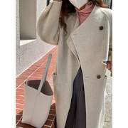 Q421韩版高端阿尔巴卡羊驼绒大衣女设计师款平替无领毛呢外套长袖
