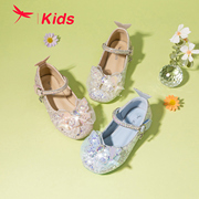 红蜻蜓女童鞋，2024春季爱莎公主皮鞋美人鱼，表演蝴蝶结水晶单鞋