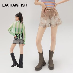 lacrawfish2024辣妹甜酷风水洗磨破毛边，水洗渐变牛仔短裤女