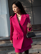 秋冬双排扣不对称设计通勤日常靓丽玫红色短款半裙宽松外套两件套