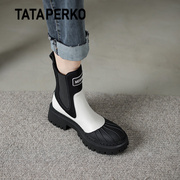 tataperko联名小众真皮圆头拼色马丁靴女2023厚底粗跟切尔西短靴