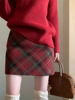 美式红格子半身裙女秋冬毛呢短裙，2023高腰包(高腰包，)臀裙子显瘦a字裙