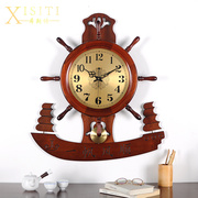 中国风创意船舵钟表中式挂钟客厅表大气静音复古实木艺术个性时钟