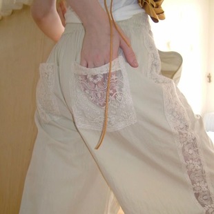 13ad新中式轻国风白色蕾丝，拼接重工裤子，设计感独特口袋阔腿长裤