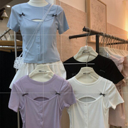 韩版设计感镂空假两件拼接蝴蝶结装饰短款短袖T恤女2024夏季