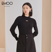 EMOO杨门秋季针织打底衫女内搭半高领设计感镂空中领长袖上衣