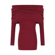 裙质一字肩针织连衣，气女春季红色长袖修底毛衣裙，打身收腰包臀