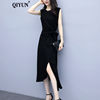 qiyun品牌女装黑色雪纺，连衣裙夏装气质名媛无袖，收腰显瘦流行