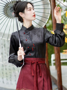 搭配马面裙的衬衫女新中式国风黑色衬衣古风汉服立领对襟上衣春季