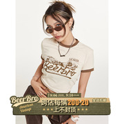 BeerBro美式复古设计感绑带短袖女2022夏季欧美辣妹修身正肩T恤女