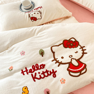 kitty猫卡通双面牛奶绒四件套冬季床单被套儿童，三件套女孩珊瑚绒4