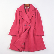 韩版玫红色羊毛呢，大衣女11.4h76742秋冬复古两粒扣中长款风衣外套