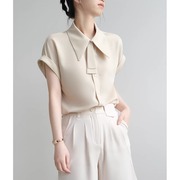法式夏季复古短袖衬衫女士，设计感小众气质，职业ol通勤雪纺上衣
