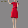 红色法式连衣裙春高端大牌气质圆领七分袖显瘦优雅小香风A裙