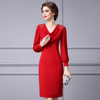 枝荔设计感重工钉珠连衣裙2024春季红色长袖气质贵妇人包臀裙