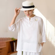 棉麻女装夏季复古上衣女装，新中式苎麻轻薄防晒t恤宽松型罩衫